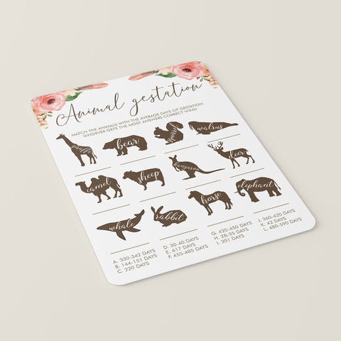 Animal Gestation Girl Baby Shower game printable | Instant download ...