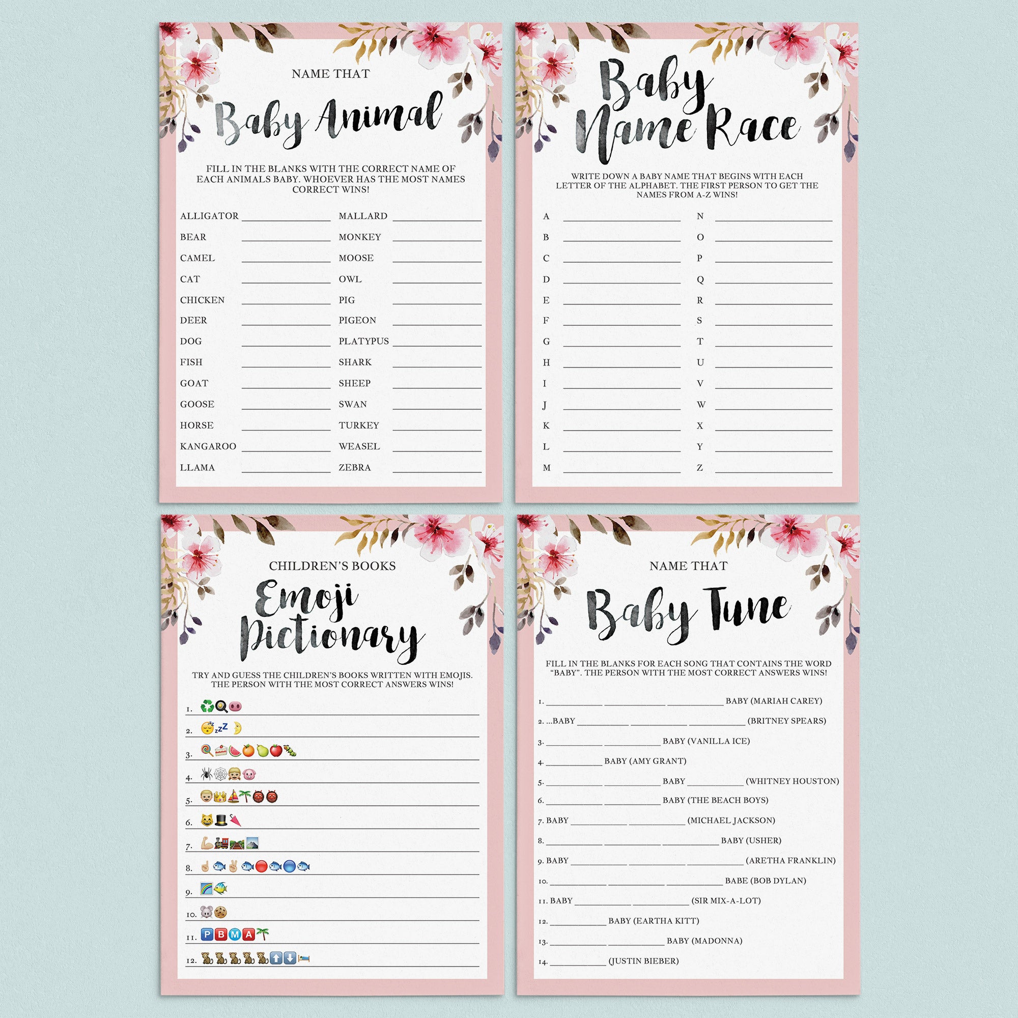 Pink flowers baby shower game package by LittleSizzle