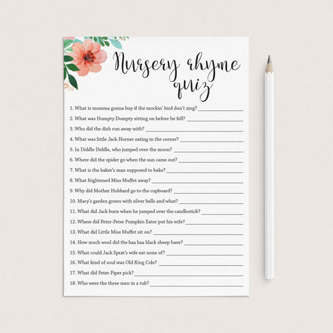 Floral Baby Shower Nursery Rhyme Quiz printable | Instant download ...