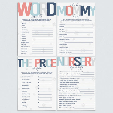 Printable winter baby shower games with snowflakes | Instant download ...