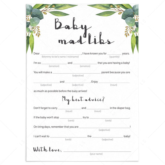 Baby mad libs baby shower game printable with eucalyptus leaves by LittleSizzle