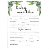 Baby mad libs baby shower game printable with eucalyptus leaves by LittleSizzle