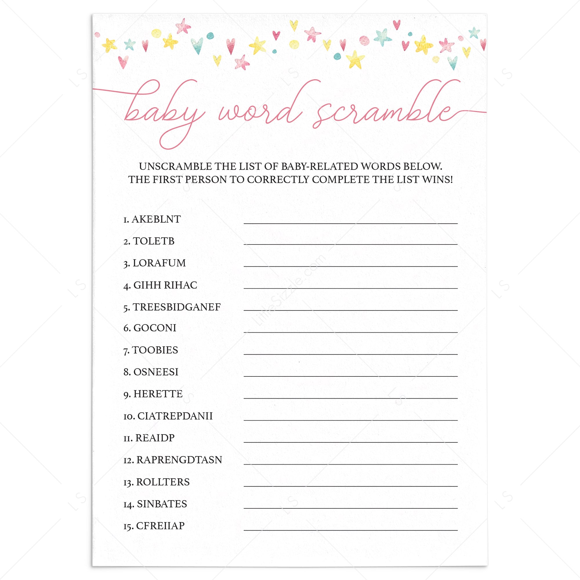 Printable word scramble game for girl baby shower by LittleSizzle