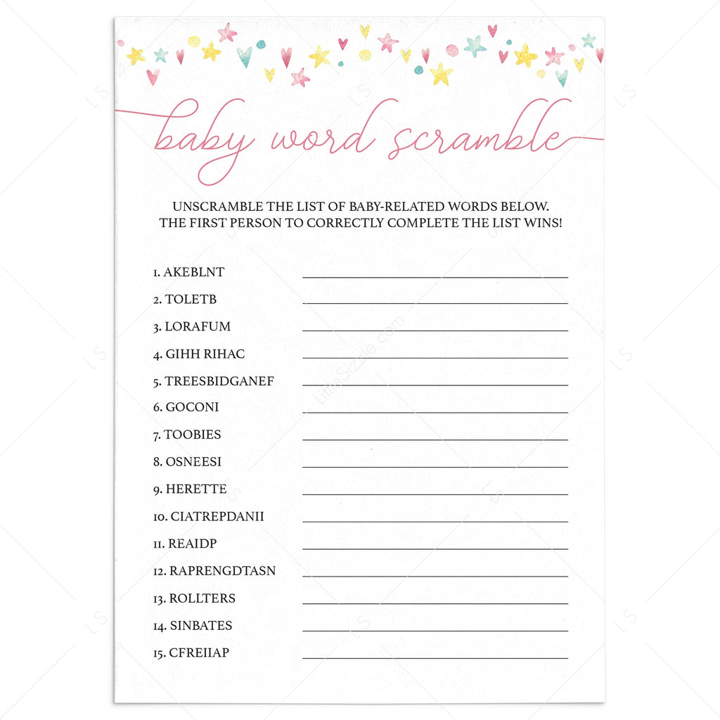 Printable Word Scramble for girl baby shower | Instant download ...