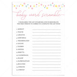 Printable word scramble game for girl baby shower by LittleSizzle