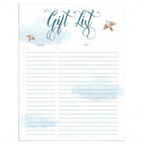 Printable blue shower gift list by LittleSizzle