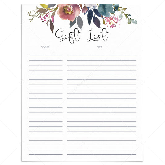 Watercolor floral shower gift list printable by LittleSizzle