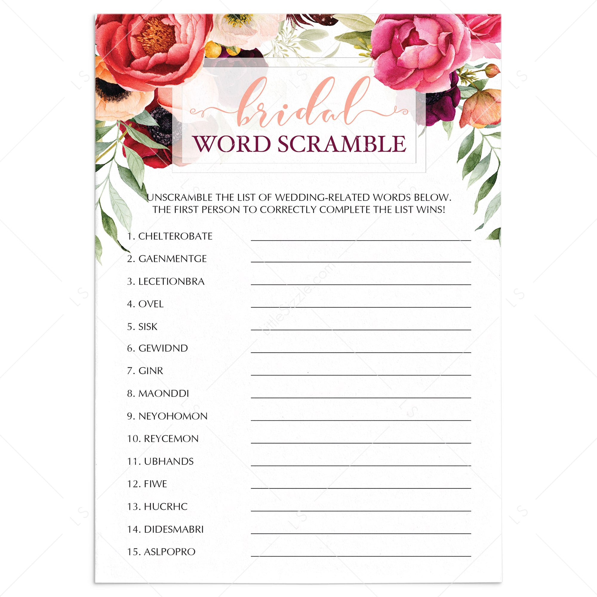 printable bridal word scramble wedding words game by LittleSizzle