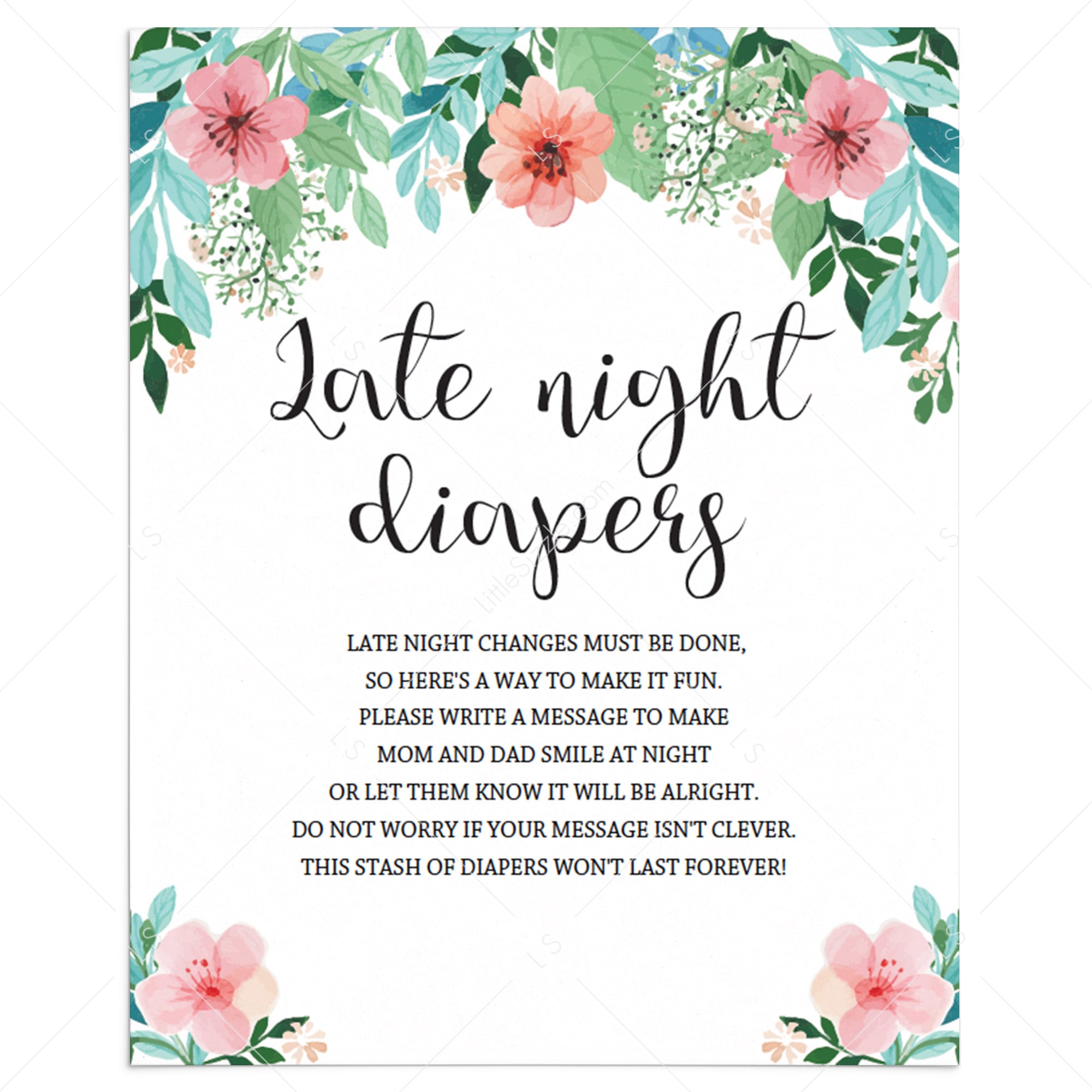 Late night diapers printable sign with pink flowers by LittleSizzle