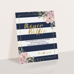 Printable Diaper Raffle Sign with Flowers and Navy Stripes