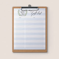 Printable gift list for elephant themed party