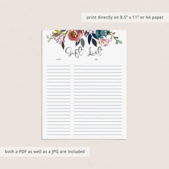 Floral Shower Gift List Printable