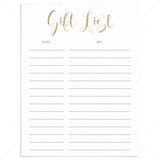 Calligraphy Gold Gift List Instant Download by LittleSizzle