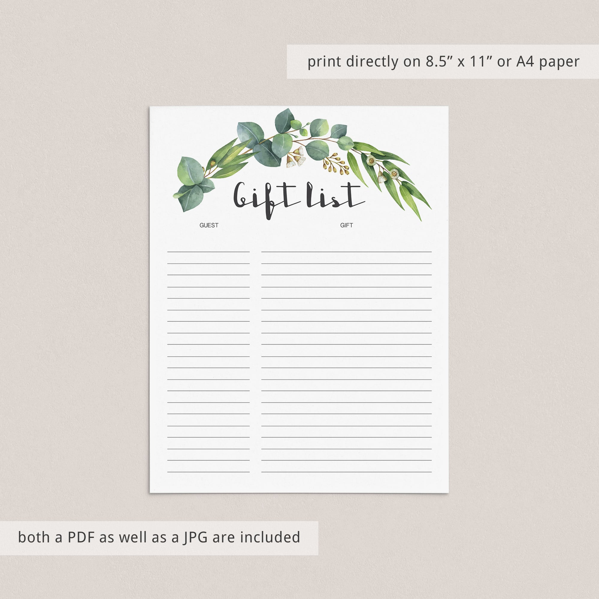 Printable gift list green leaves