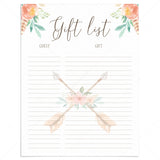 Boho Gift and Guest List Printable File by LittleSizzle