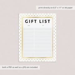 Printable Gift List with Gold Polka Dots