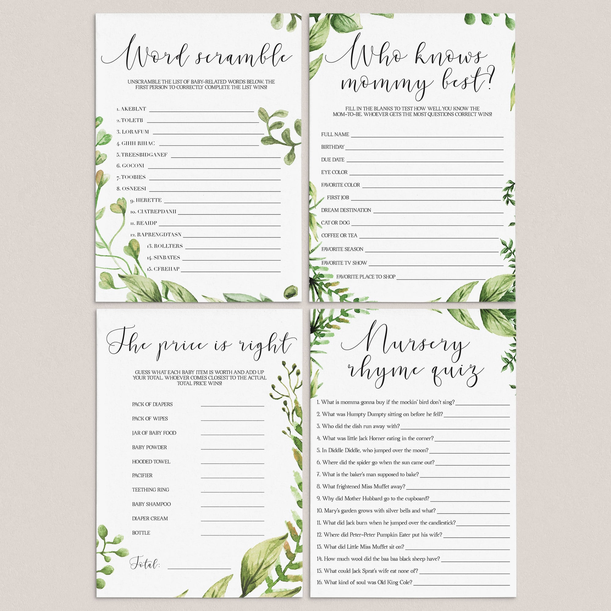 Green leaves baby shower games bundle printable by LittleSizzle