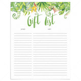 Hawaiian themed party gift list printable by LittleSizzle