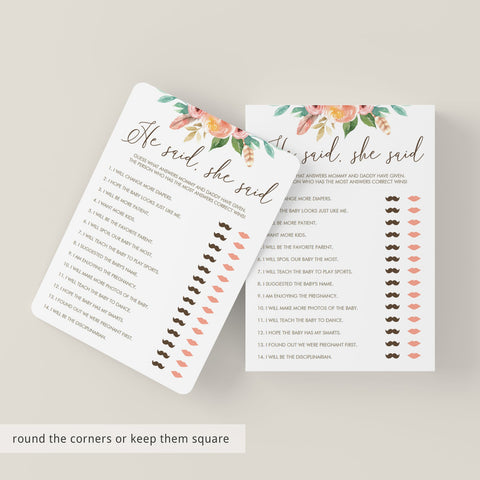 Printable He Said She Said game for baby shower | Instant download ...