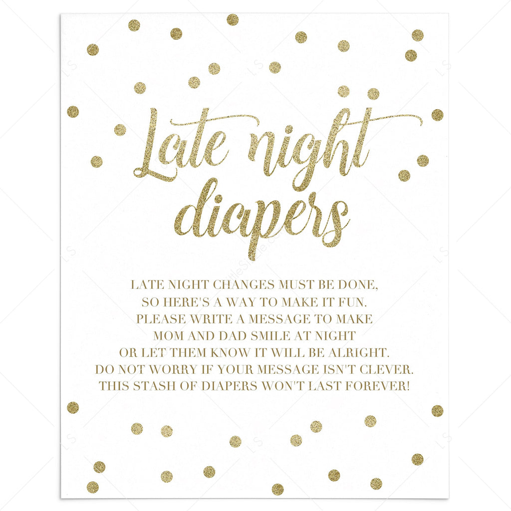 White and Gold Confetti Late Night Diapers sign template | Instant download – LittleSizzle for Free Printable Late Night Diapers Sign