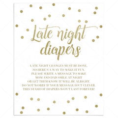 Late night diapers printable for gold themed baby shower by LittleSizzle