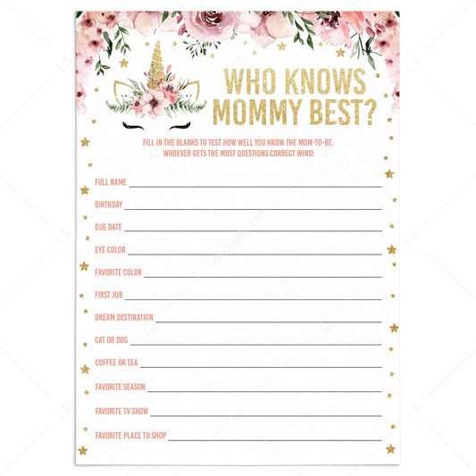 Unicorn baby shower games for girl who knows mommy best by LittleSizzle