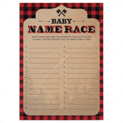 Lumberjack party baby names race game printable by LittleSizzle