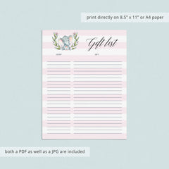 Instant download baby elephant party gift list by LittleSizzle