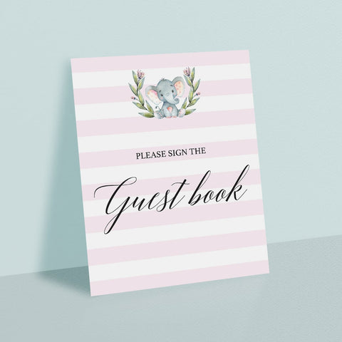 Pink Guest Book table sign printable with Baby Elephant | Instant ...