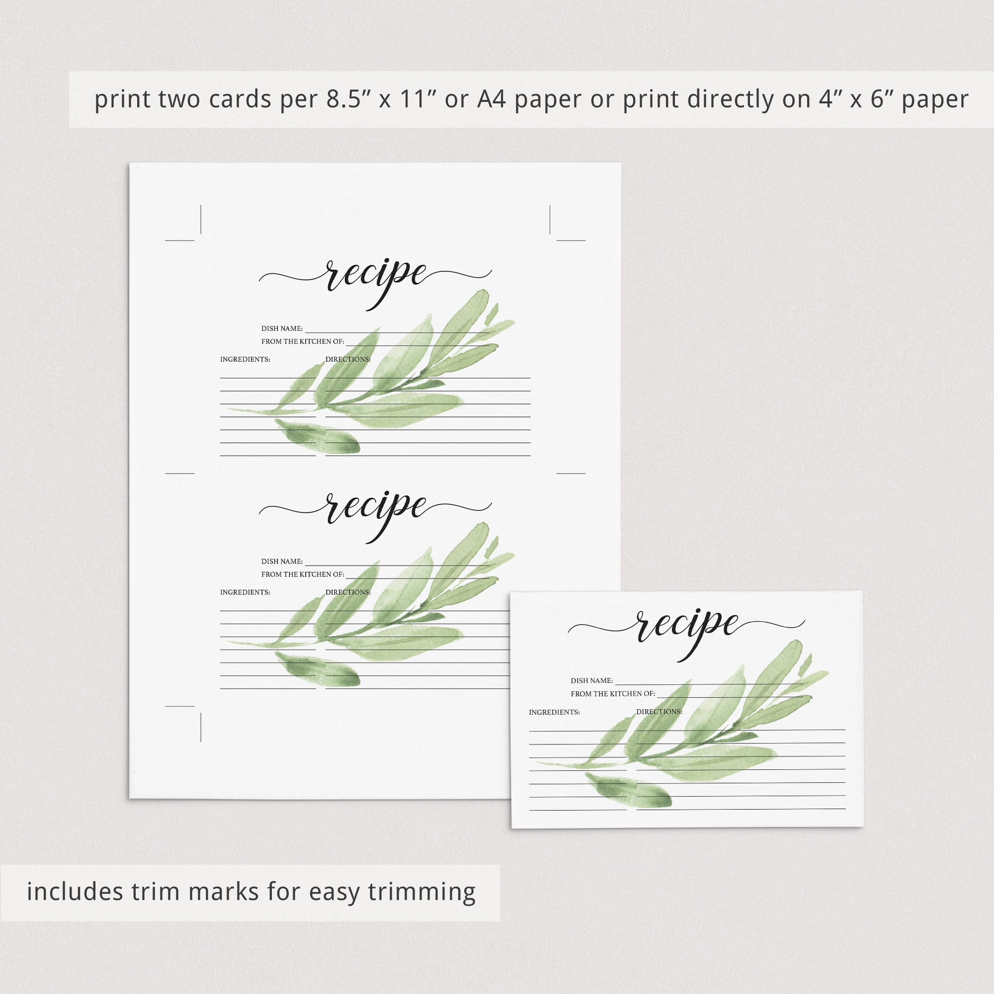 Watercolor leaf recipe cards printable by LittleSizzle