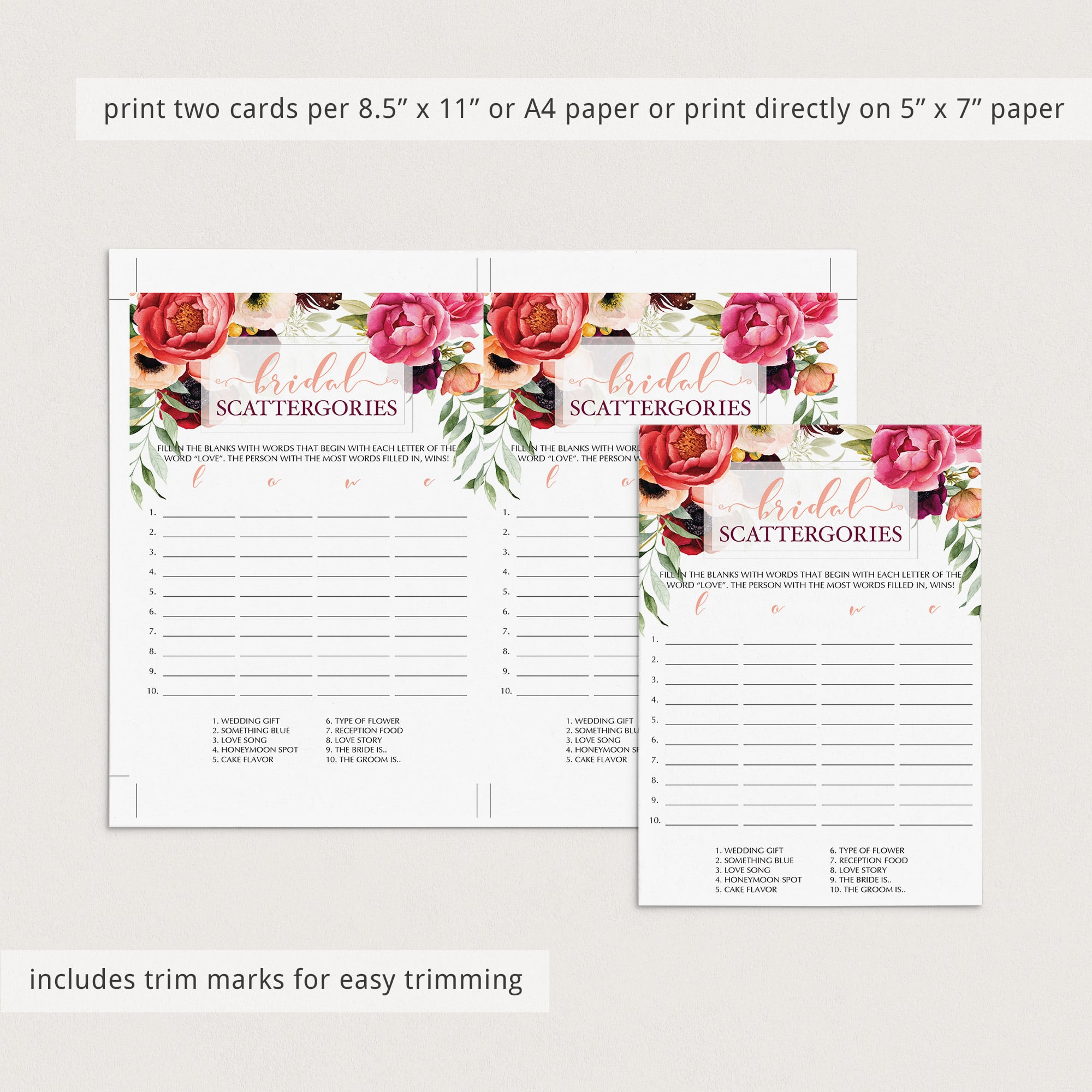 Instant download bridal shower game cards red roses by LittleSizzle