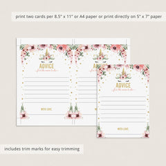 Pink and Gold Unicorn Baby Shower Advice Cards Printable