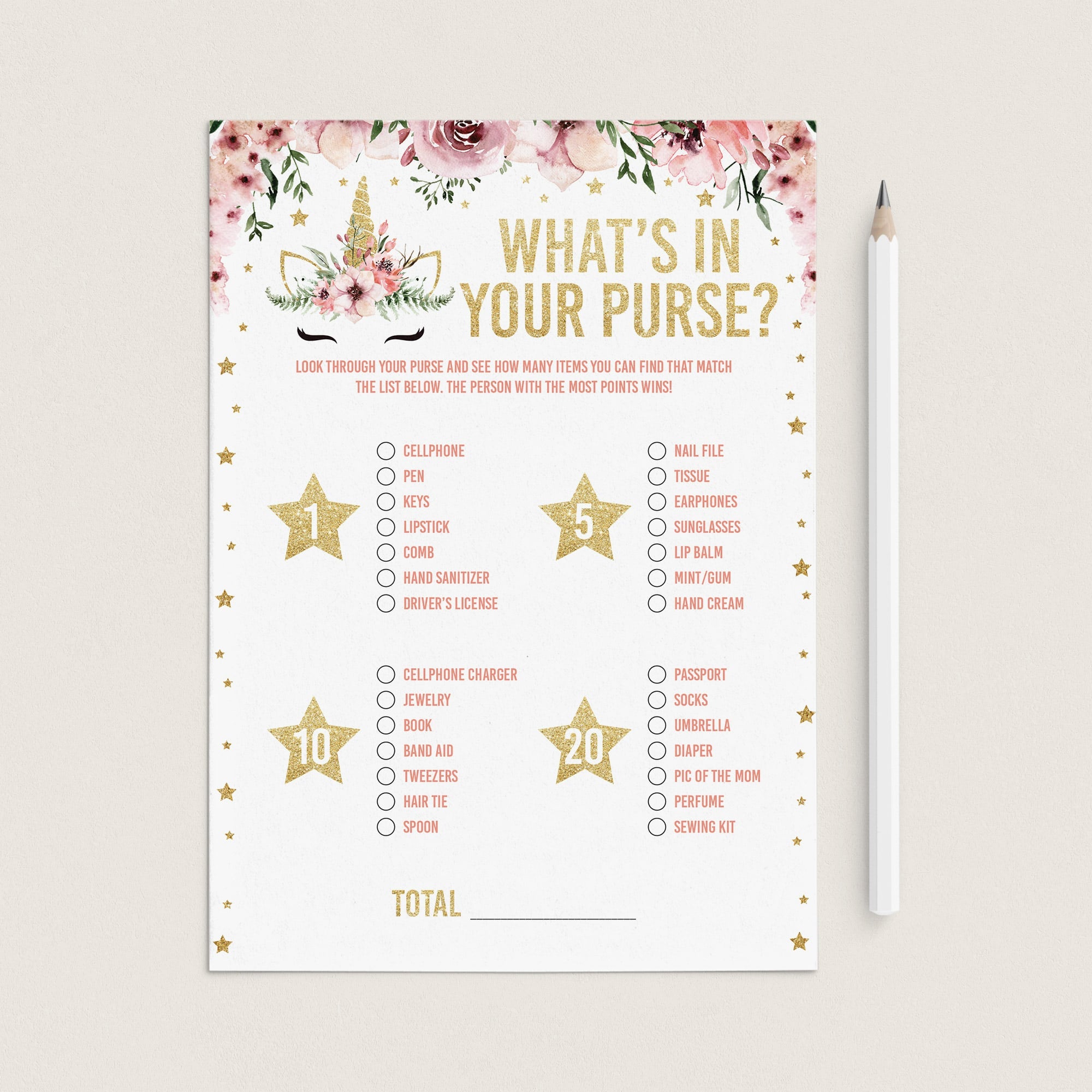 Pink and gold babyshower game what's in your purse hunt by LittleSizzle