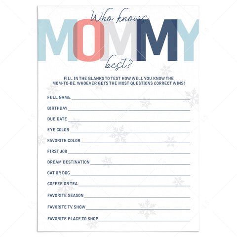 Printable mommy quiz for Winter Baby Shower | Who knows mommy best ...