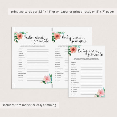 Baby Word Scramble Baby Shower Game Printable Floral Theme – LittleSizzle