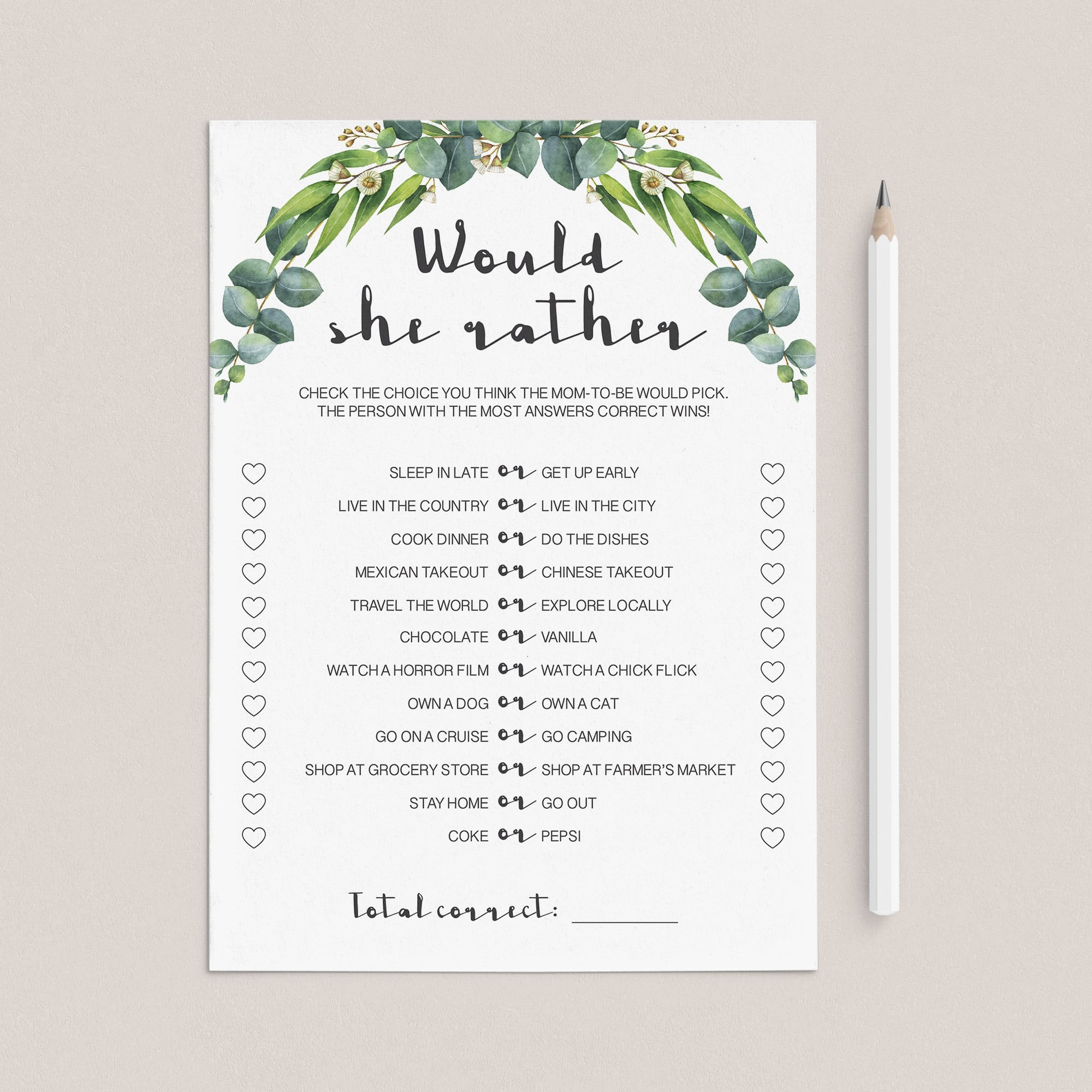 Printable would she rather game for gender neutral baby shower by LittleSizzle