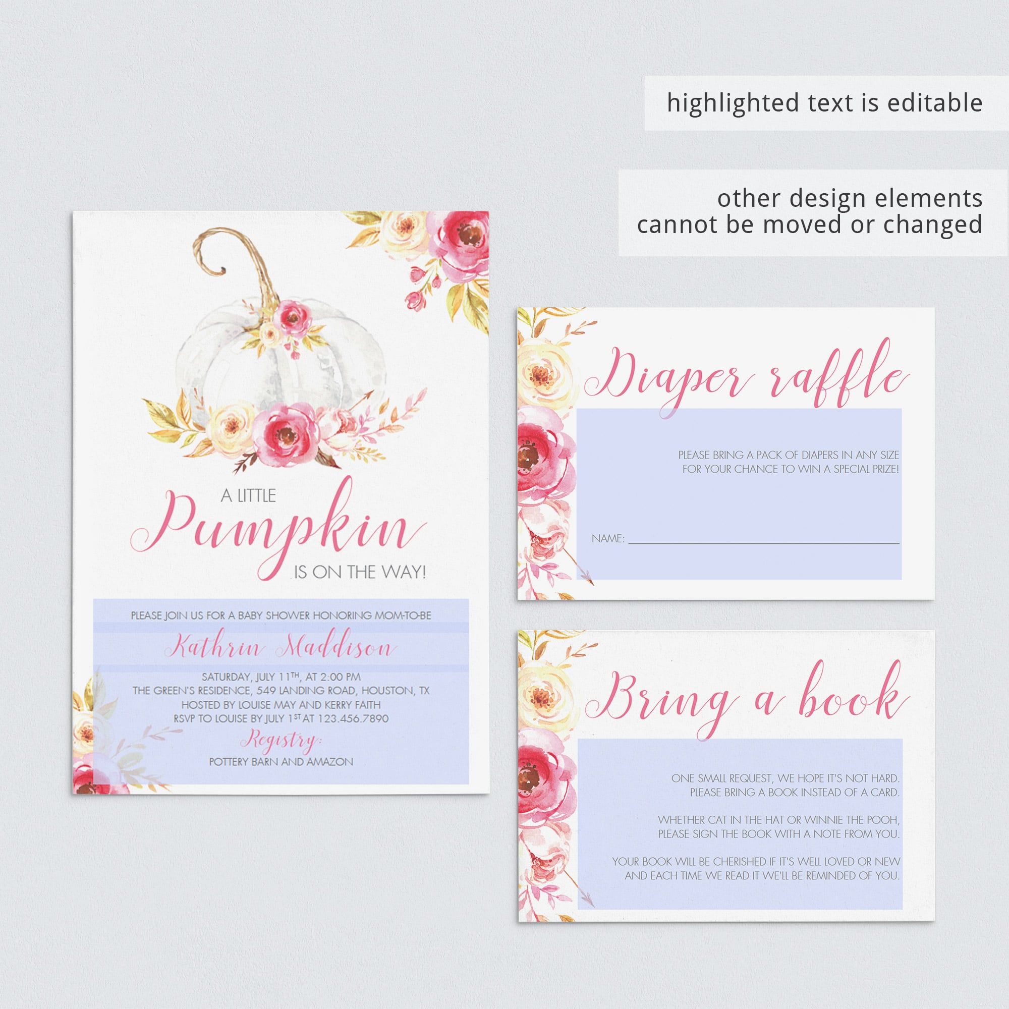 Pumpkin baby shower invitation set editable PDF templates by LittleSizzle