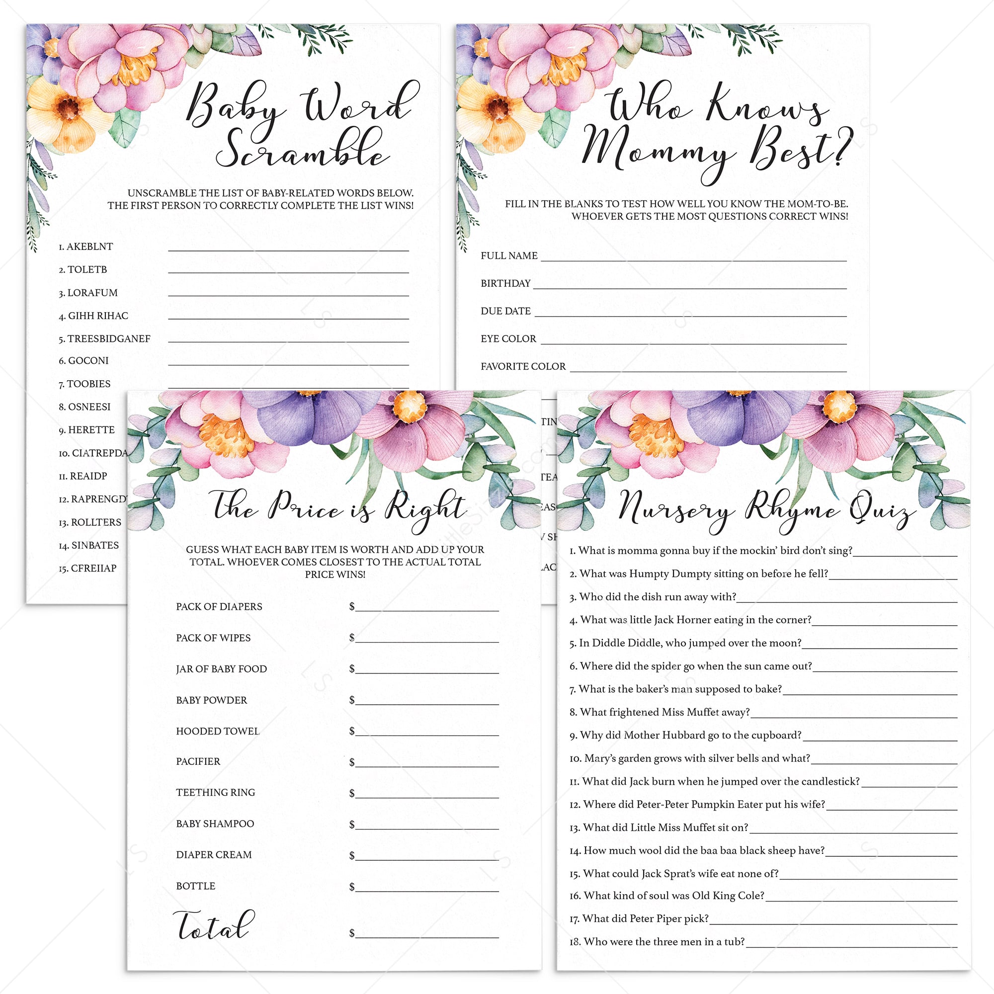Pink and purple flower baby party games printable by LittleSizzle