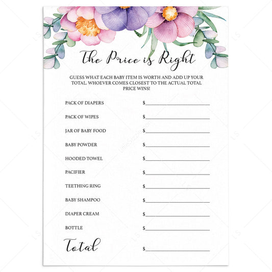 Purple flower baby shower game the price is right printable by Littlesizzle
