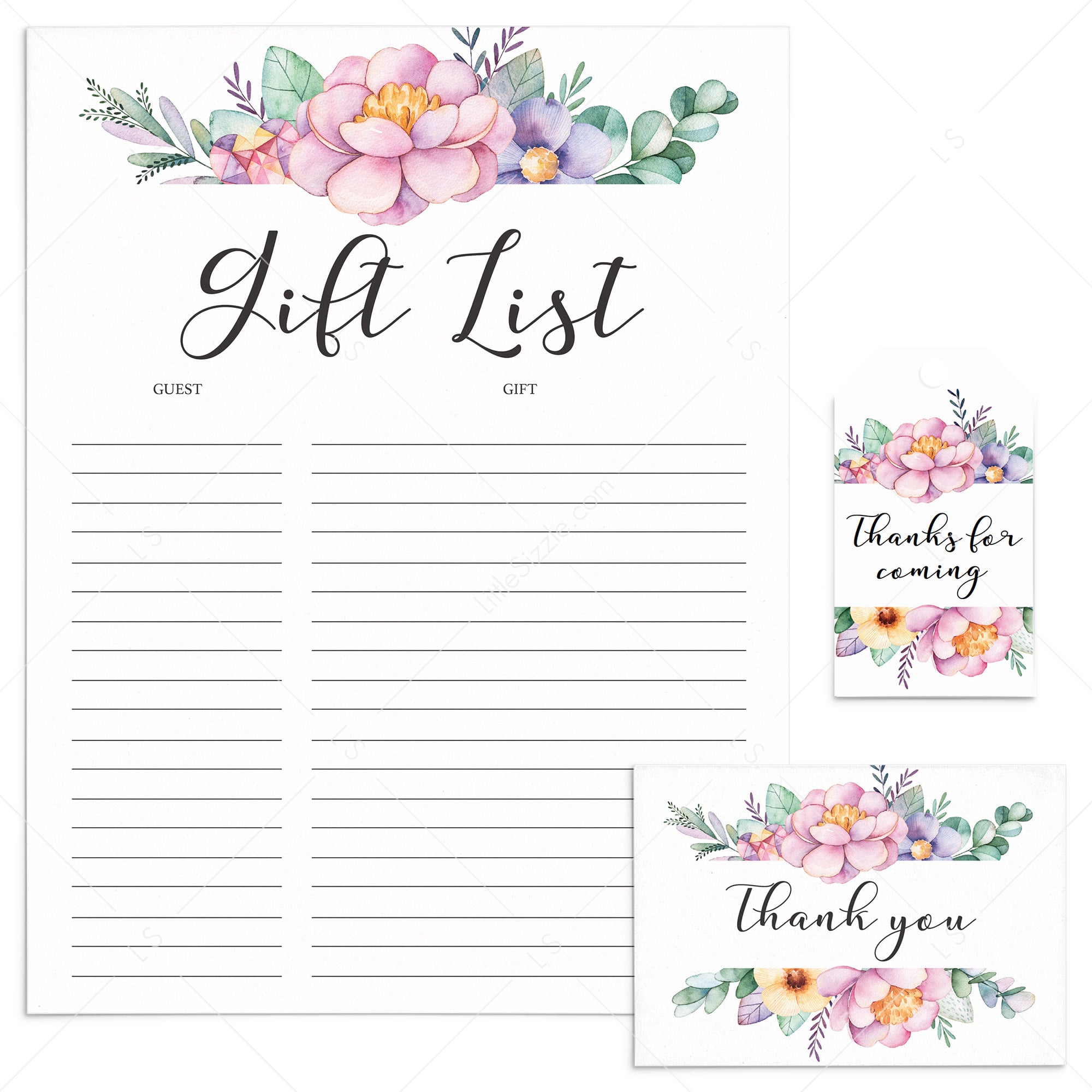 Printable thank you cards, gift list and favor tags with purple flowers by LittleSizzle