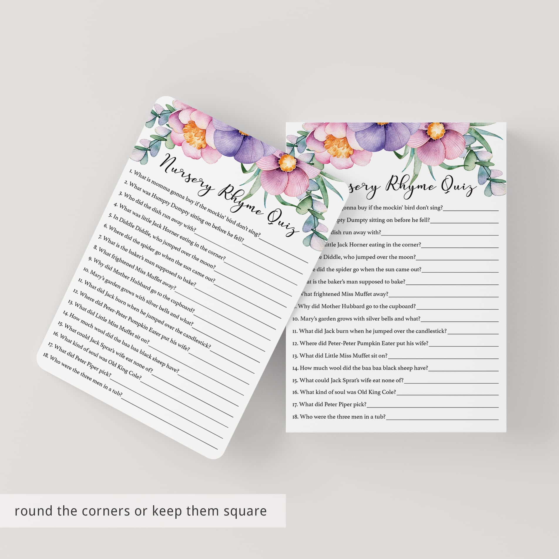Printable nursery rhyme quiz for girl baby party by LittleSizzle