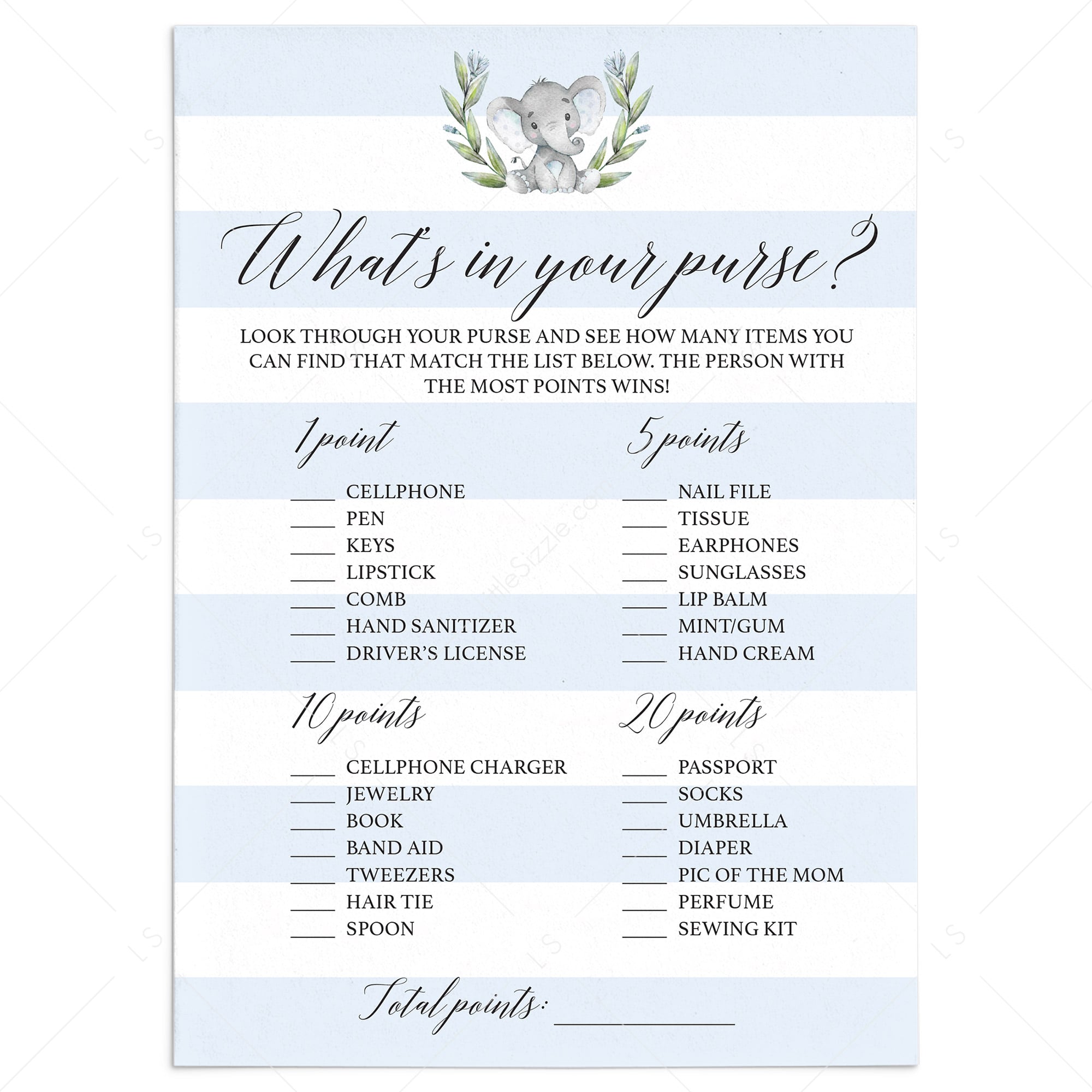 Elephant baby shower game what's in your purse printable by LittleSizzle