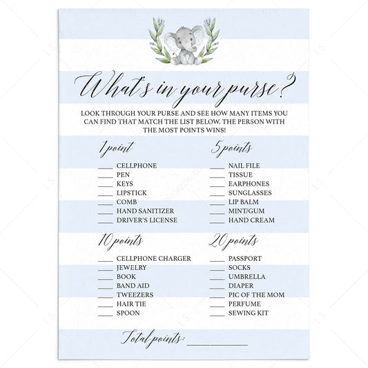 Elephant baby shower game what's in your purse printable by LittleSizzle