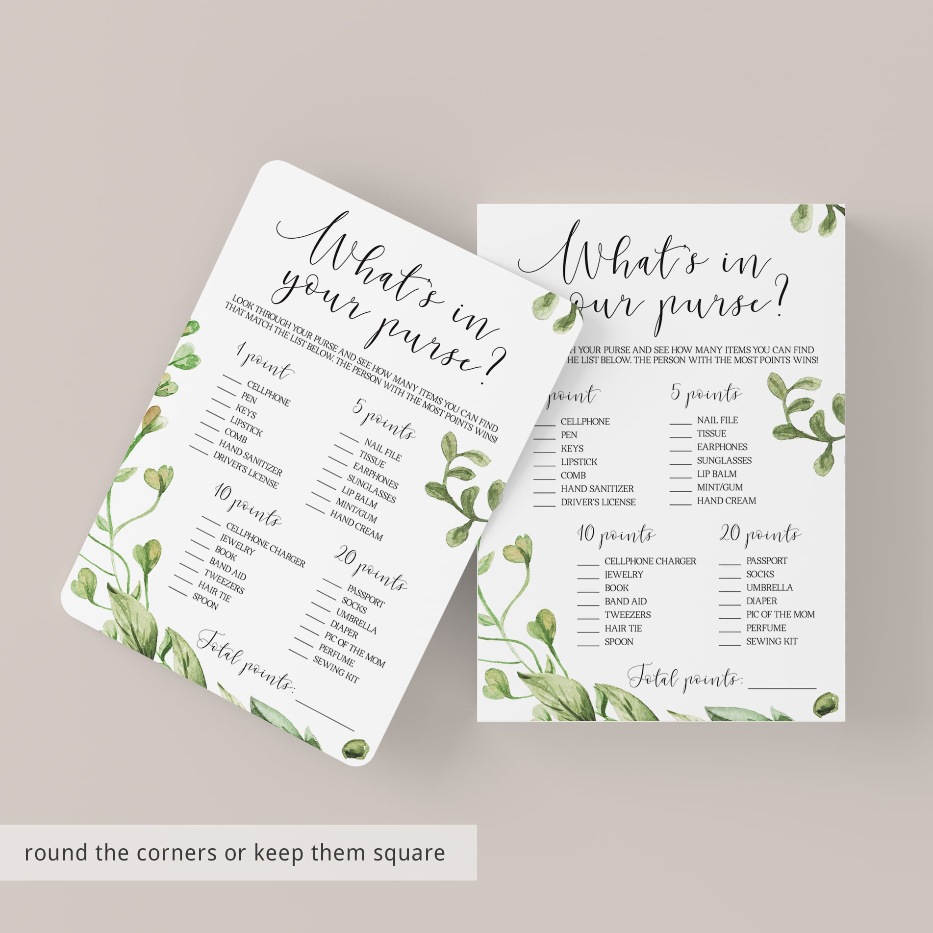 Botanical leaves baby shower game whats in your purse download by LittleSizzle