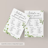 What's In Your Purse Greenery Baby Shower Game Instant Download