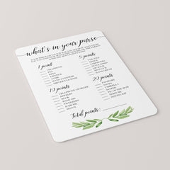 What's In Your Purse Baby Shower Game Printable with Green Leaves