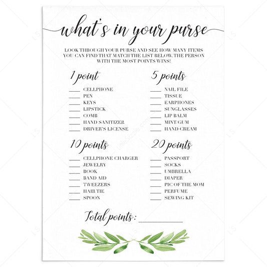 What's in your purse baby shower game with green leaves printable by LittleSizzle