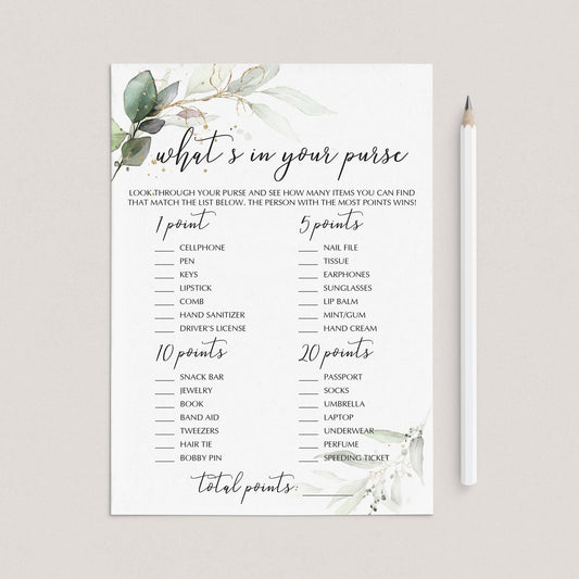 What's In Your Purse Game Printable Greenery and Gold Theme by LittleSizzle