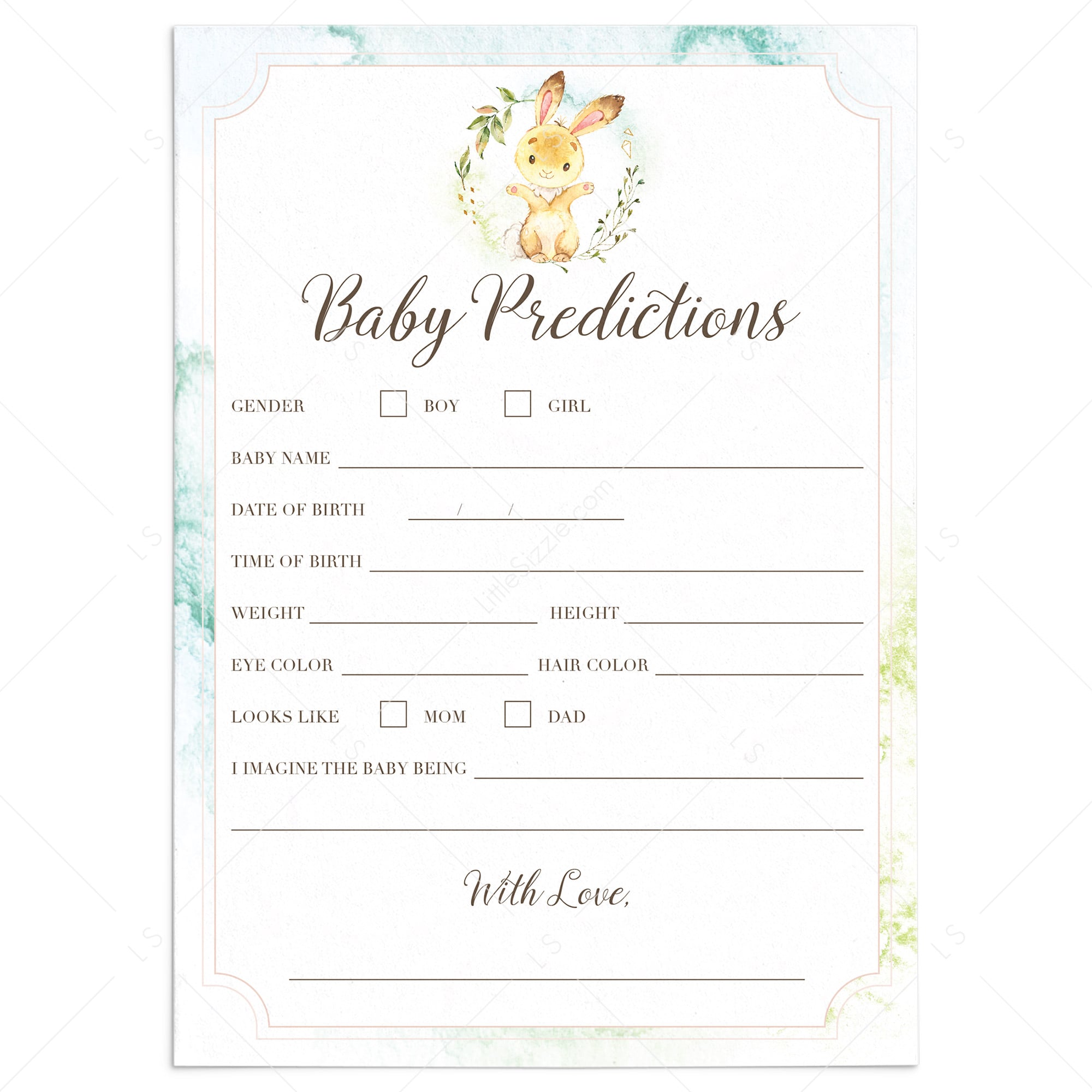 Forest animal baby shower prediction card printable by LittleSizzle