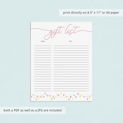 Printable guest and gift list for pink shower by LittleSizzle